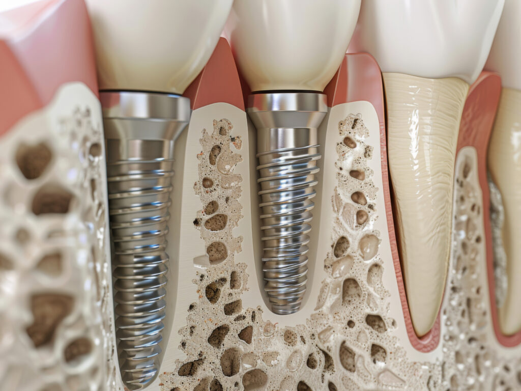 3D cross-sectional view of a dental implant in jawbone