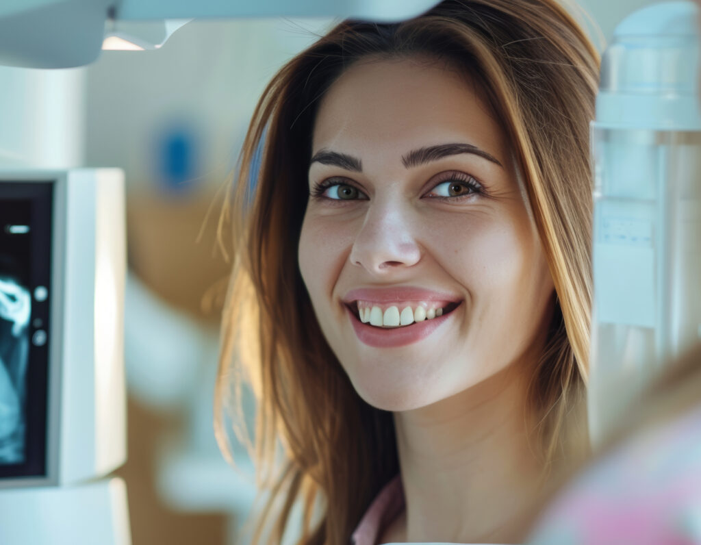 Happy woman receiving a dental digital x-ray