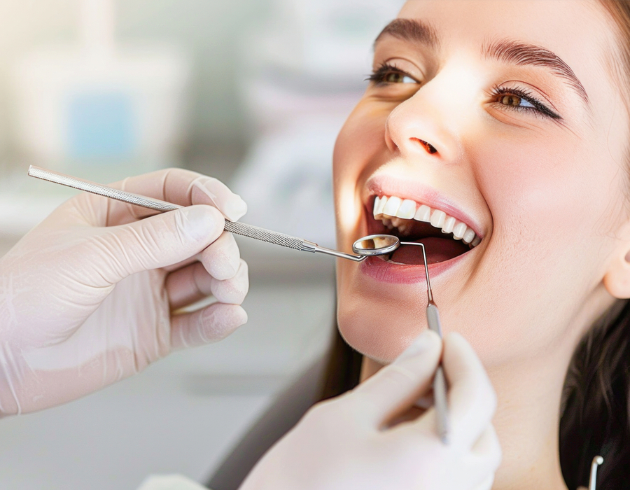 A female patient receiving a dental examination from a dentist