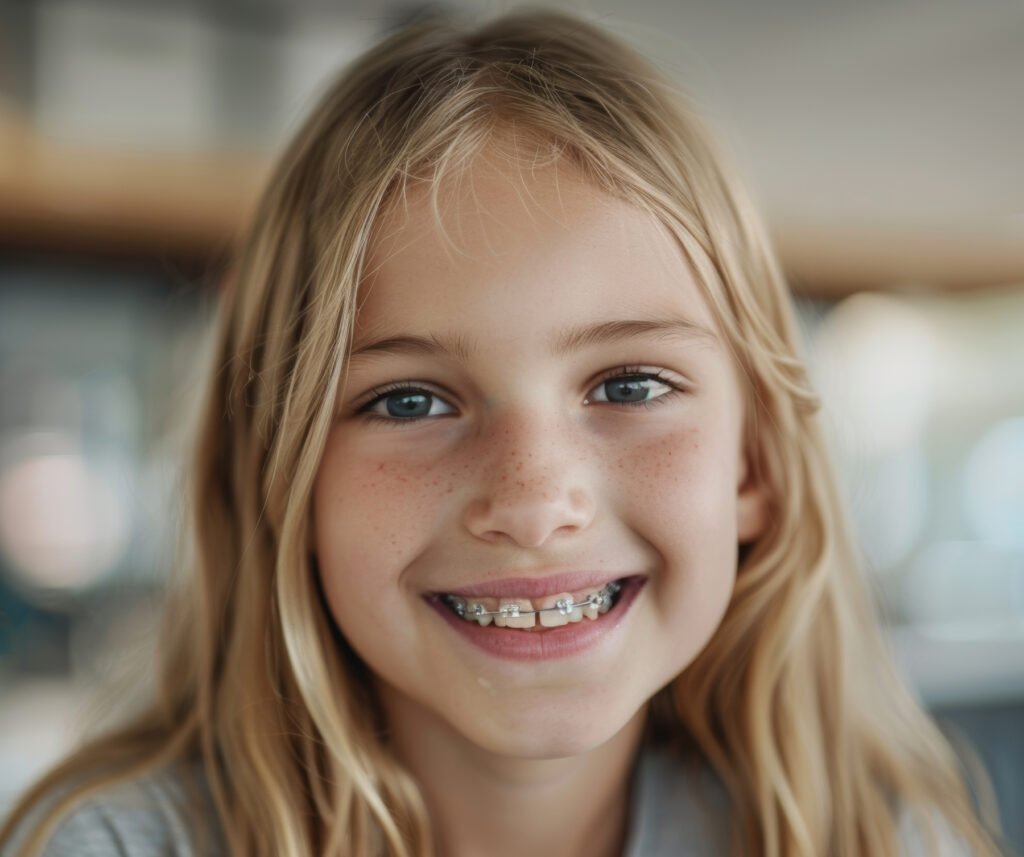 Girl with braces smiling in orthodontist's office