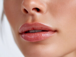 Close-up of woman's lips with natural-looking makeup