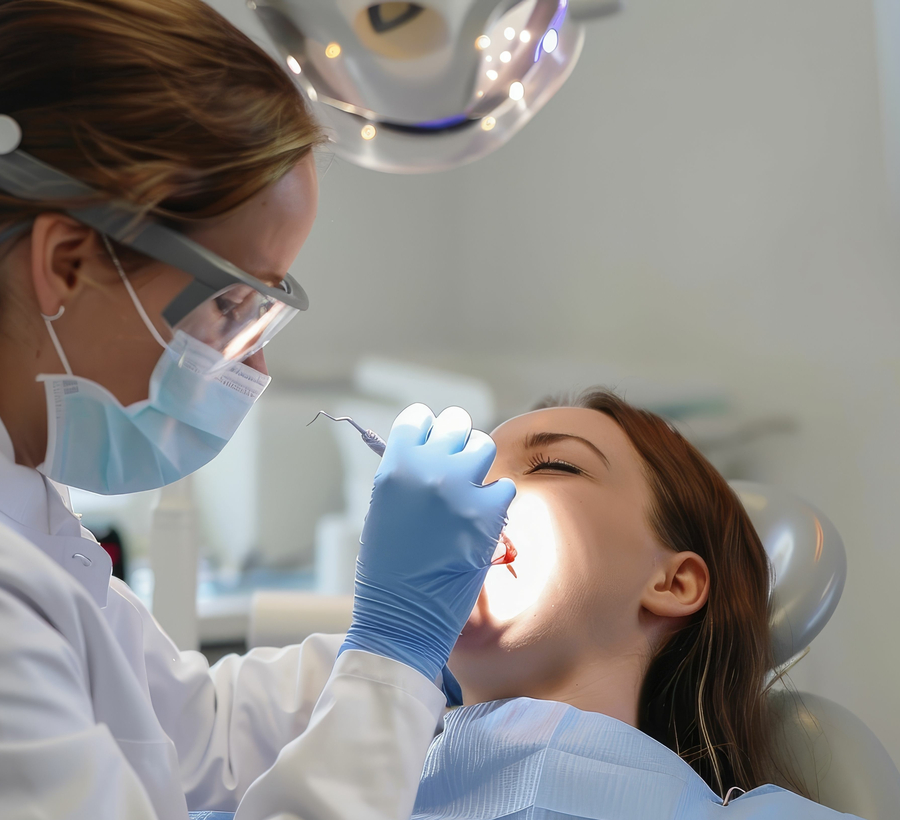Dentist performing an oral cancer screening exam