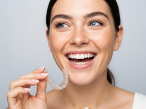 Smiling woman with clear aligners for teeth alignment