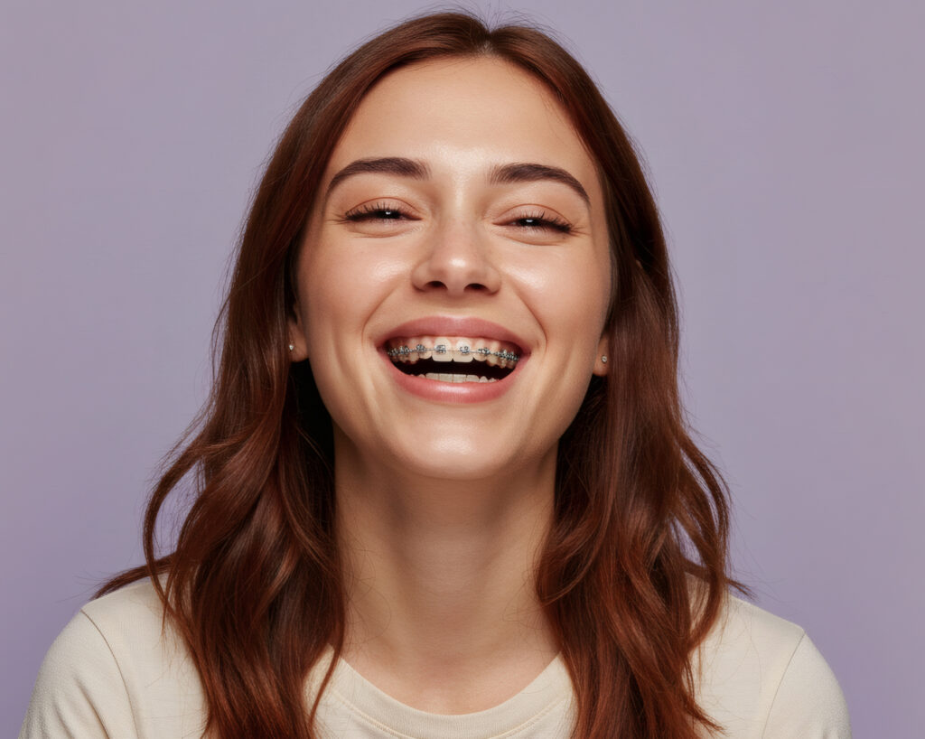 Portrait of a smiling woman with braces showing happiness