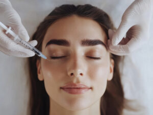 A woman receiving a cosmetic injection in a modern clinic