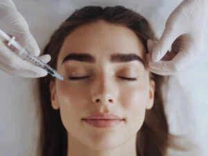 A woman receiving a cosmetic injection in a modern clinic